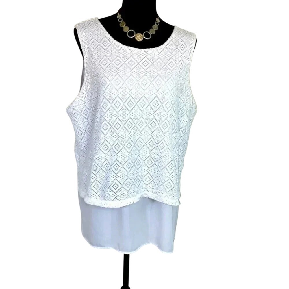 Jaclyn Smith Collection Tank Top XXL White Layered Eyelet Chiffon Hem Blouse